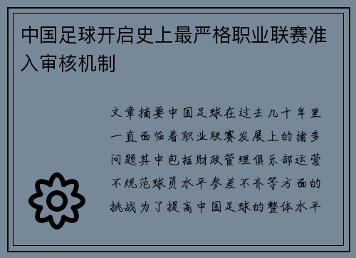 中国足球开启史上最严格职业联赛准入审核机制 中国足球开启史上最严格职业联赛准入审核机制