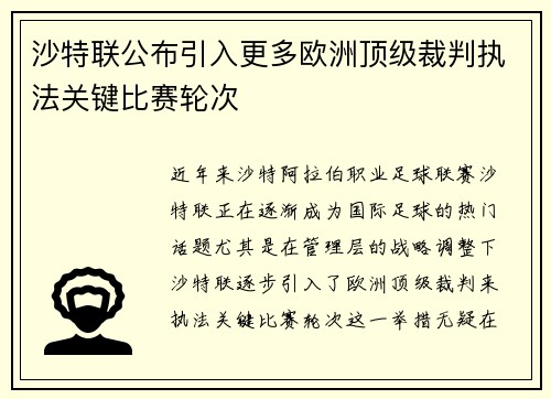 沙特联公布引入更多欧洲顶级裁判执法关键比赛轮次